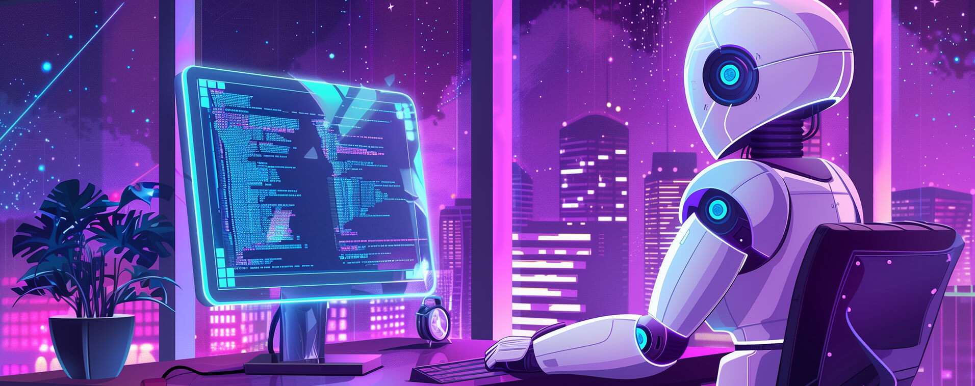 image of Image of a robot sitting at the table and writing code on laptop - Generated with Midjourney