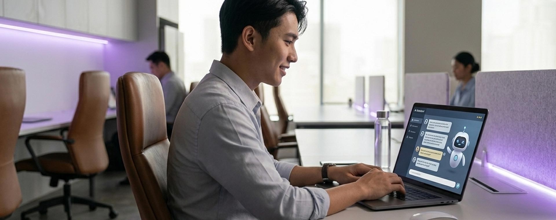 image of Man in a modern office using an AI chatbot on his laptop - Generated with Gemini