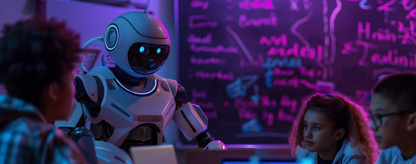 image of An AI robot teacher is teaching three college students in the classroom - Generated with Midjourney