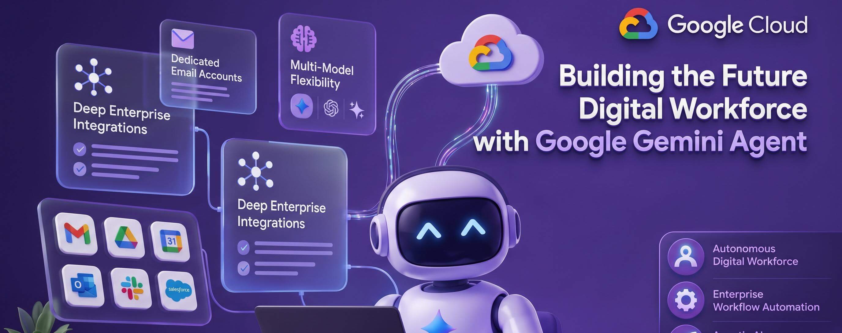 image of Purple 3D illustration of a friendly AI robot working on a laptop surrounded by Google Cloud, dedicated email, multi-model, and enterprise integration panels - Generated with Gemini