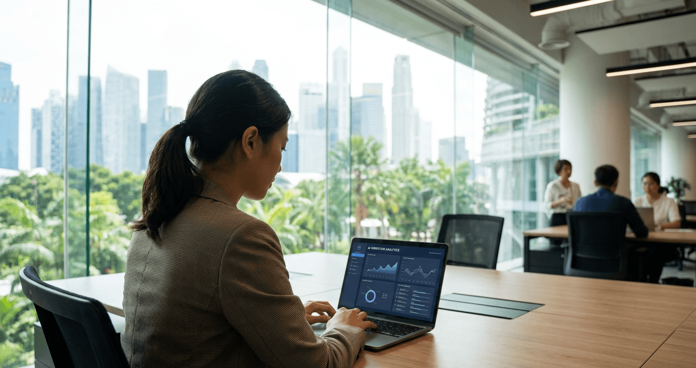 Technology executive reviewing real-time AI workflow analytics in a modern office