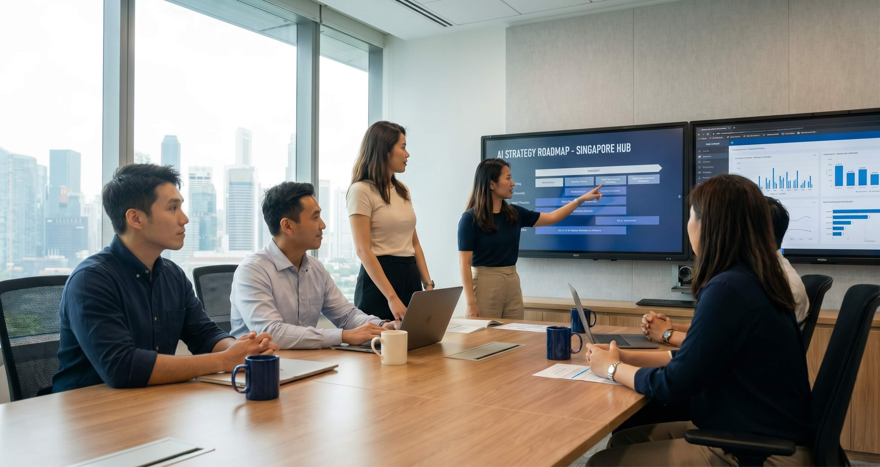 Enterprise leadership team collaborating on an AI implementation roadmap