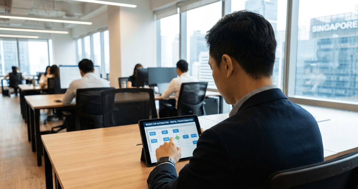 IT director analyzing automated multi-agent workflow processes on a tablet