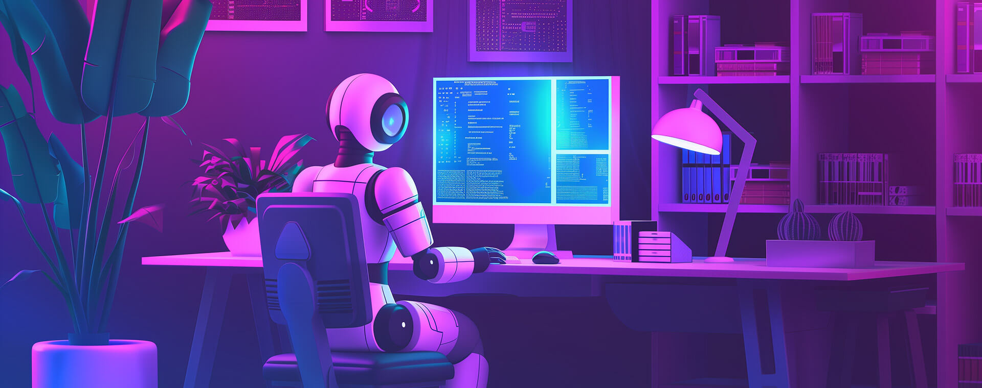 image of Robot embodies the future of work at its digital desk - Generated with Midjourney