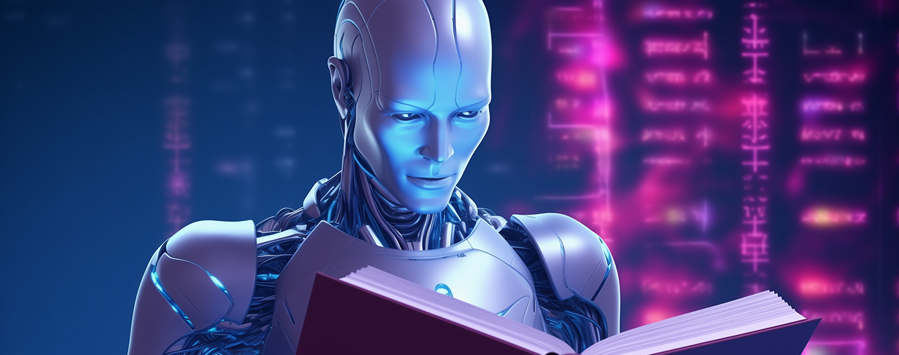 image of an artificial intelligence robot reading a book with the letters - Generated with Midjourney