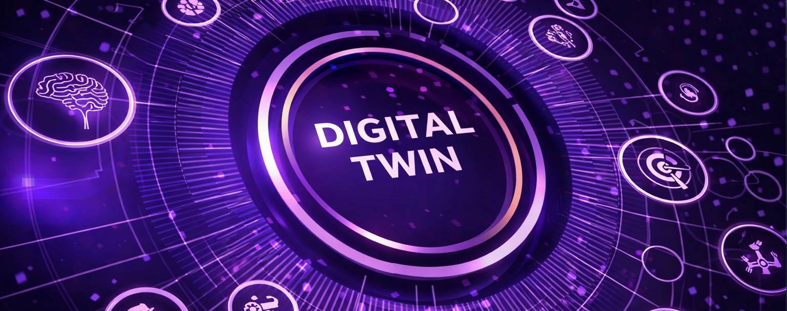 image of Purple digital interface with the words DIGITAL TWIN centered inside a glowing circular hub - Generated with Gemini