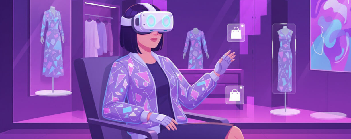 image of A AI person wearing a VR headset, sitting in a chair and being immersed in a virtual environment that looks like a high-end fashion store or showroom with virtual clothing items being displayed - Generated with Midjourney