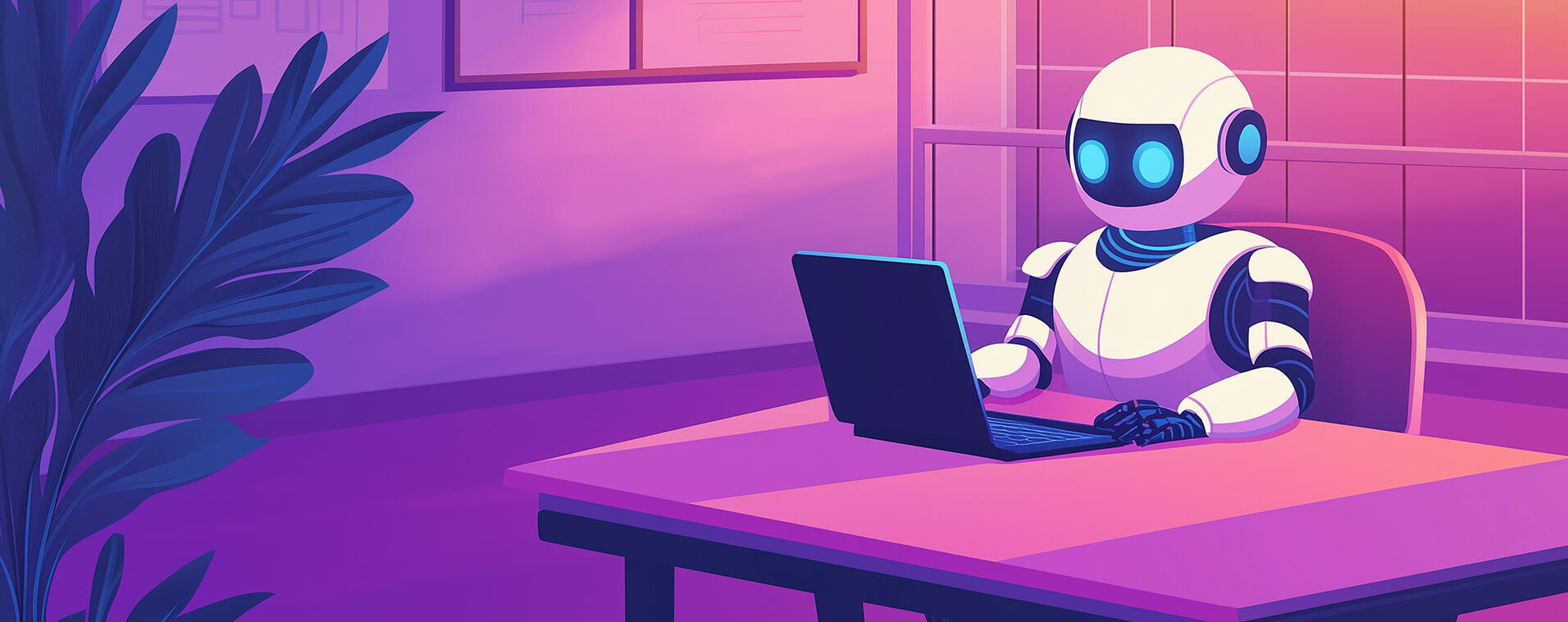 image of AI robot seated at a desk in a school classroom In the style of should be soft purple or dominant purple to complement the theme and recess blue neon color theme, colorful dreams - Generated with Midjourney