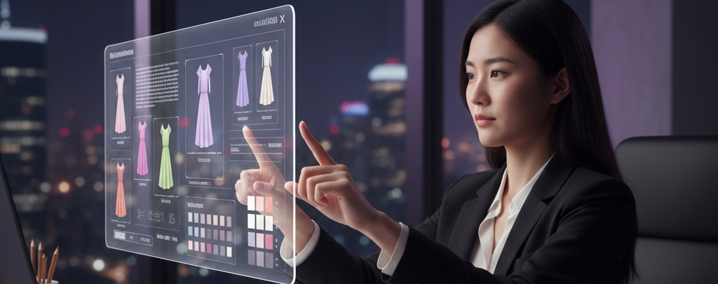 image of A fashion designer interacts with a glowing, futuristic holographic display to customize dress designs in a modern office - Generated with Gemini
