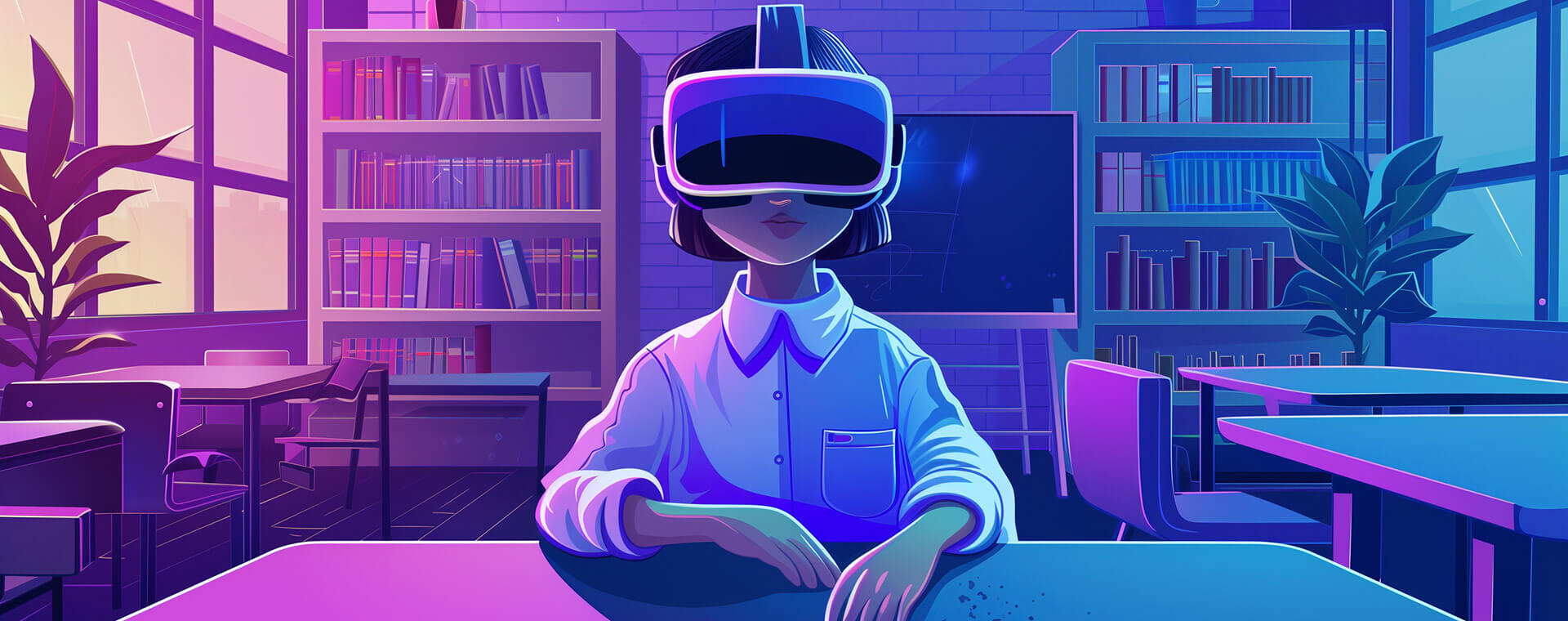image of A student wearing VR headset in classroom - Generated with Midjourney