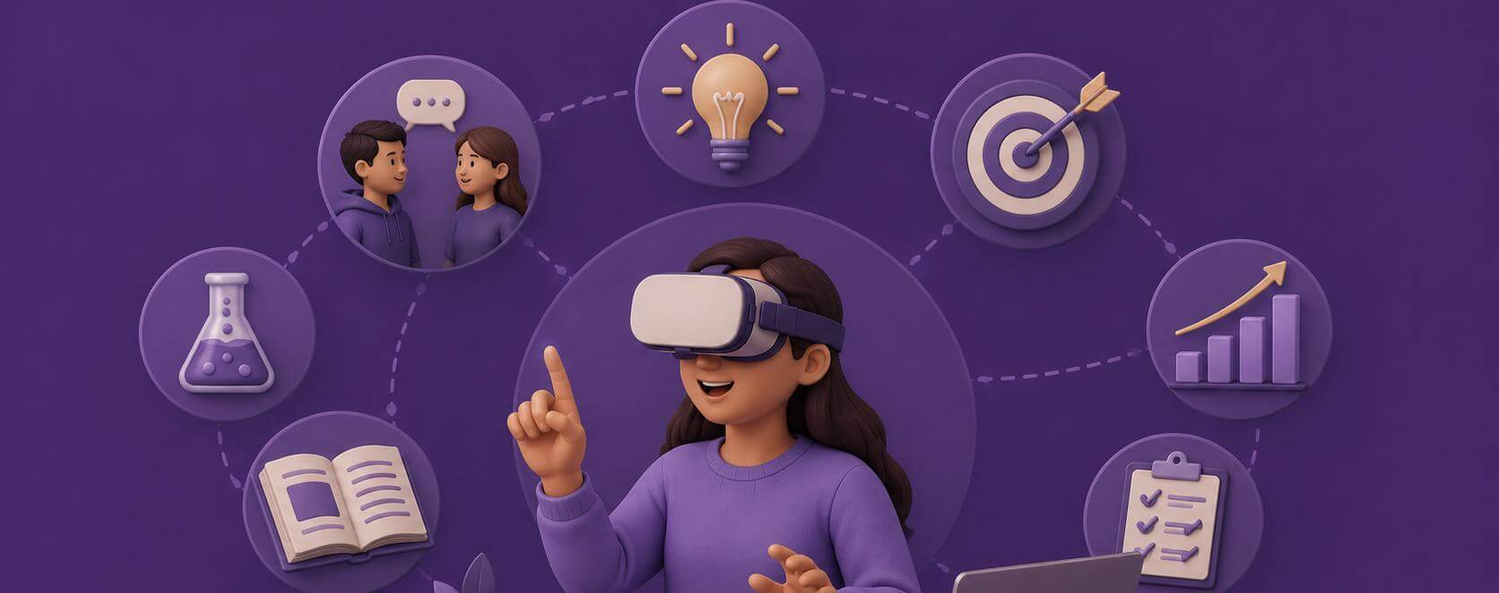 image of A 3D illustration of a student wearing a VR headset, surrounded by purple icons representing immersive and interactive learning - Generated with Gemini