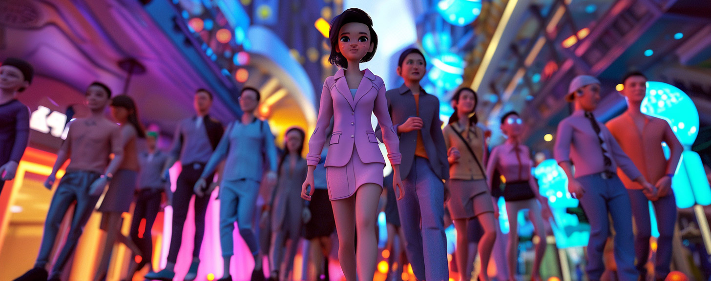 image of 3D cartoon cute young adult asian avatar, walking on the sidewalk with people around - Generated with Midjourney