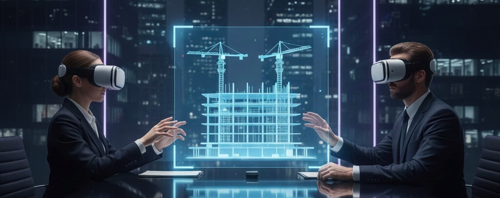 image of Two professionals in a business sitting with pop-up immersive features of building in front of them - Generated with Gemini