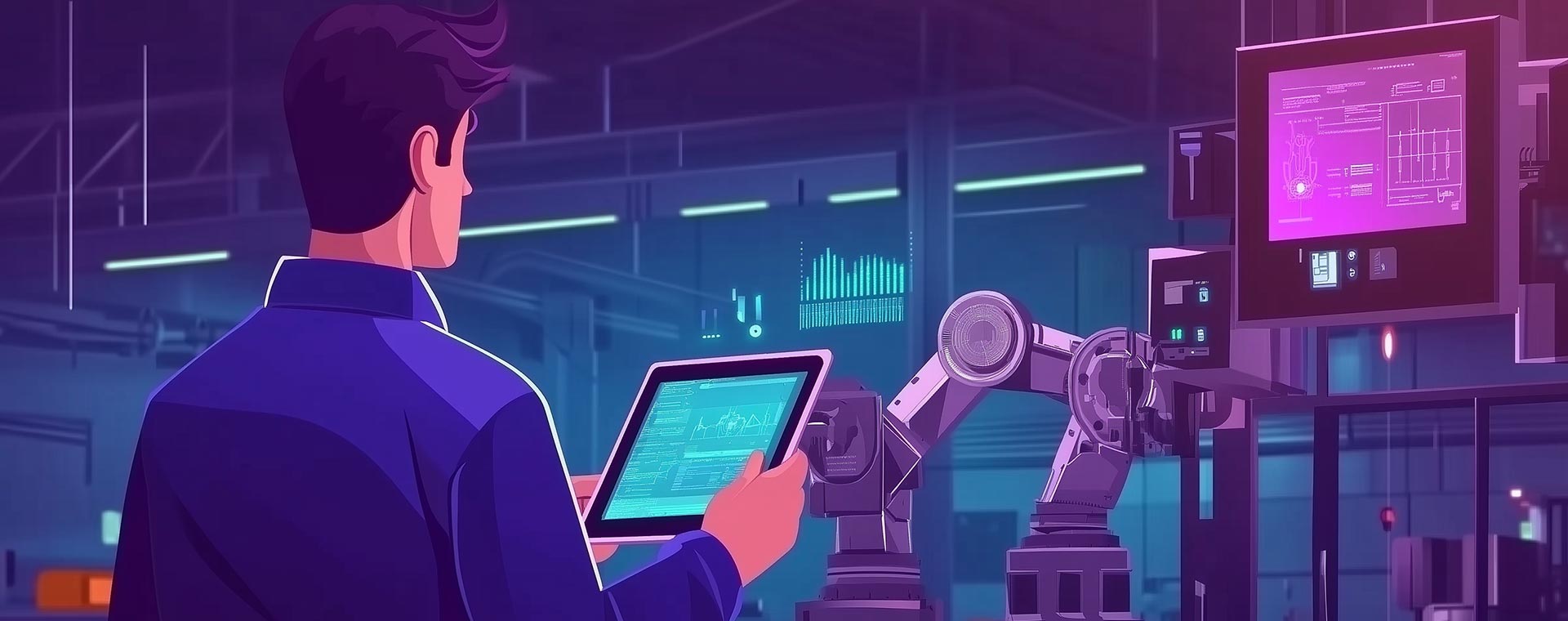 image of Man in a factory setting using a tablet to interact with a robotic arm and industrial machinery, representing the transformation of manufacturing with AI - Generated with Midjourney