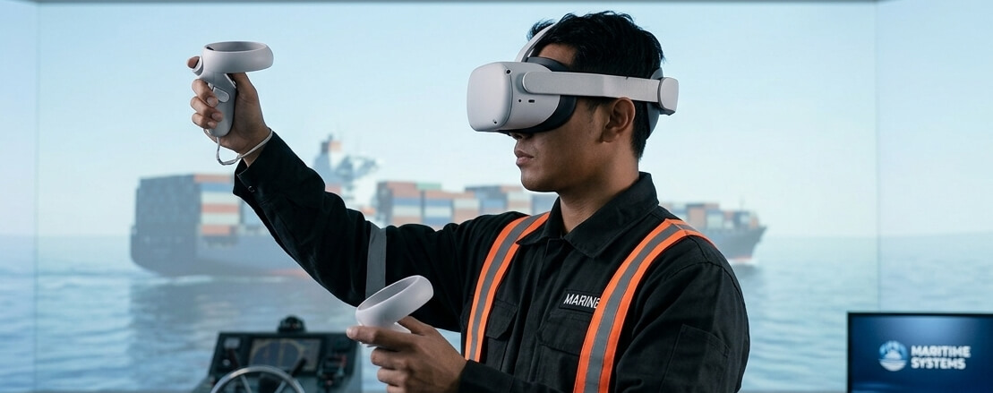image of A man wearing a white virtual reality (VR) headset and holding two handheld controllers while standing in what appears to be a maritime training simulator - Generated with Gemini