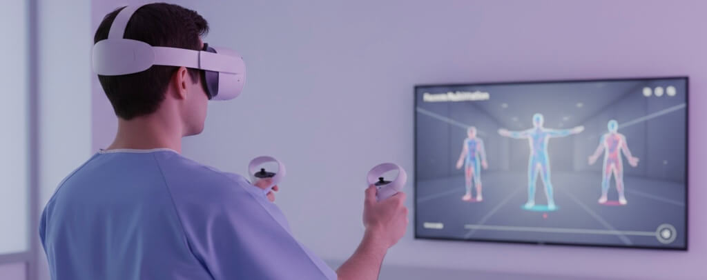 image of A man in a light blue medical-style scrub top is wearing a white virtual reality (VR) headset and holding two handheld controllers - Generated with Gemini