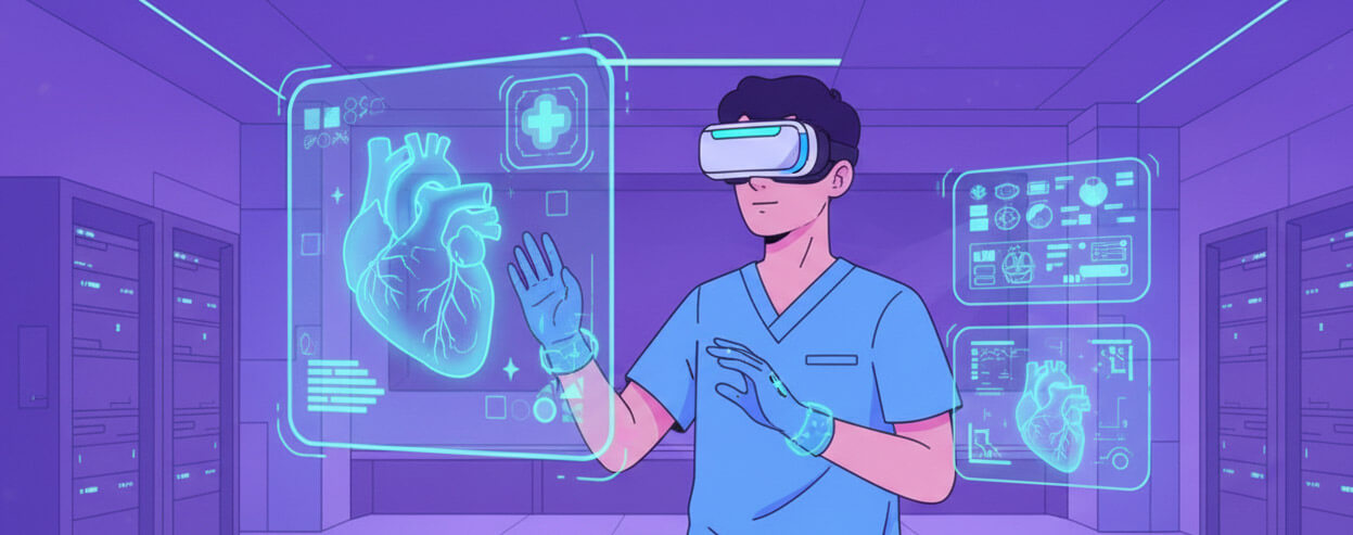 image of A medical student wearing VR headset, in the image should be floating anatomy features - Generated with Midjourney
