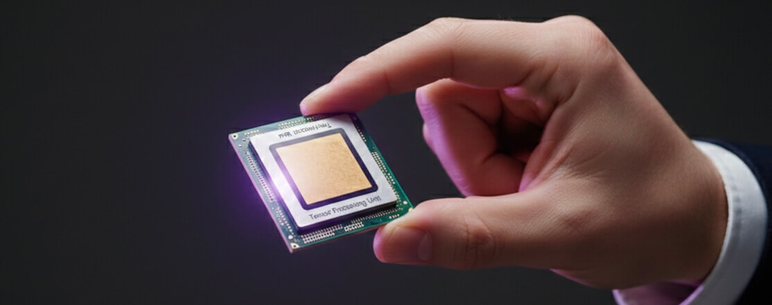 image of An individual in a dark suit is holding a small, square computer chip between their thumb and forefinger against a dark - Generated with Gemini