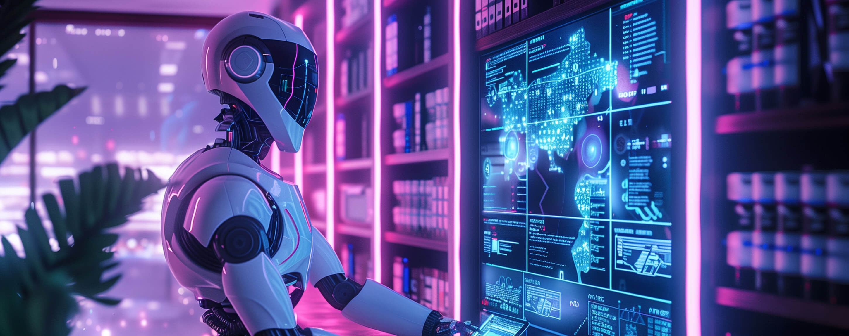 image of Futuristic office scene with an AI humanoid robot and human entrepreneur working together on digital interfaces - Generated with Midjourney