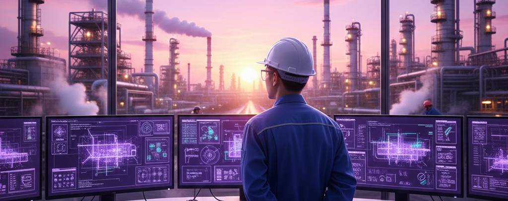 image of A person standing in an industry of oil and gas setting, with computers showing digital twin system - Generated with Gemini